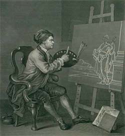 Engraving showing Hogarth at work on a painting.