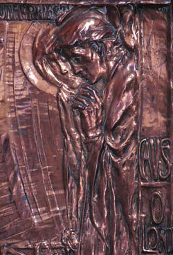 Part of the altar panel at St Mark's Church, showing Charles Tooth and his guardian angel.