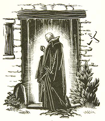 Cloaked figure knocking at a door.